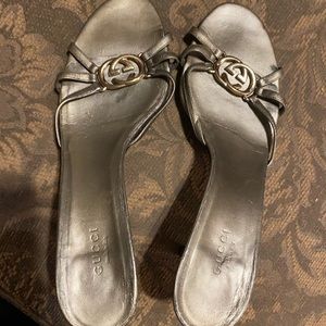 Gucci Grey GG Interlocking Satin Strappy Slide Sandals